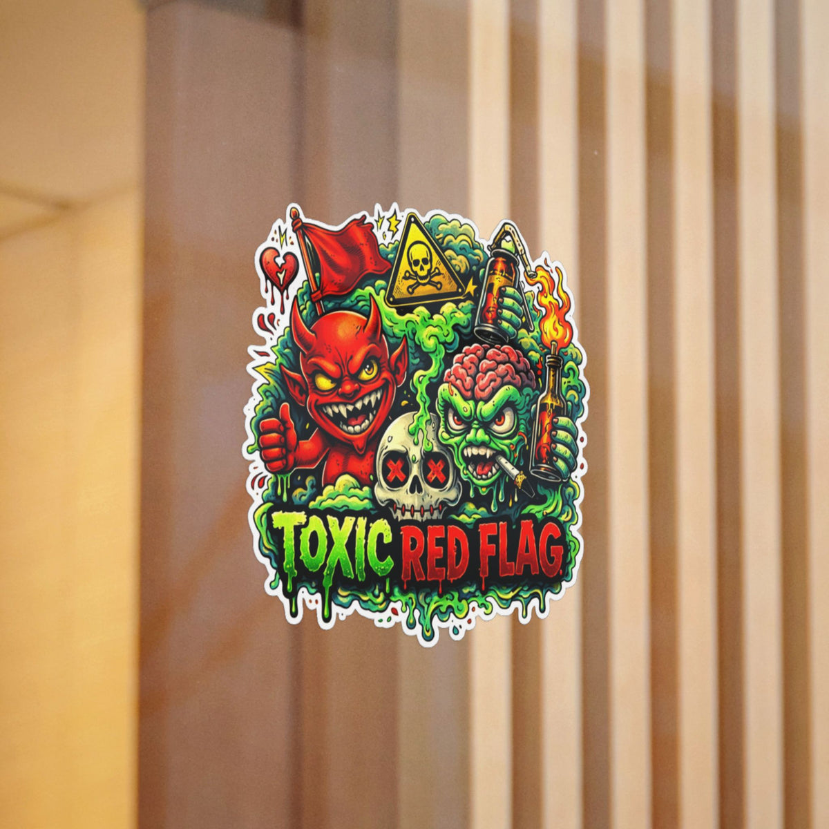 Toxic Red Flag Sticker — Colorful Devil & Monster UV DTF Decal
