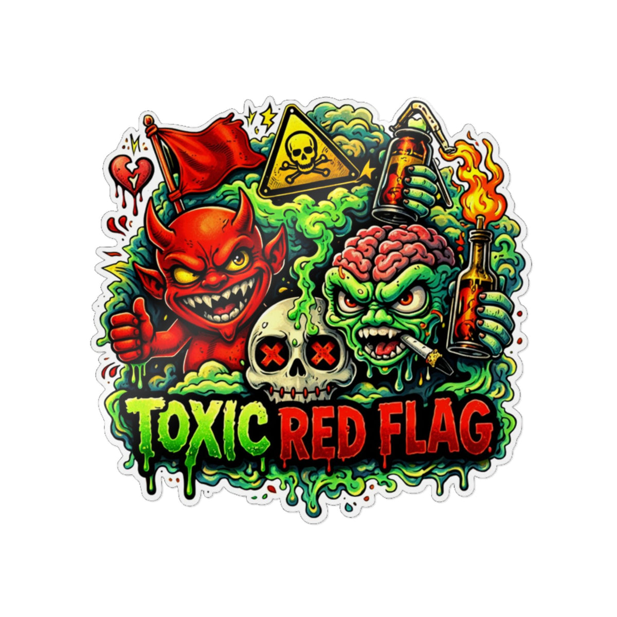 Toxic Red Flag Sticker — Colorful Devil & Monster UV DTF Decal